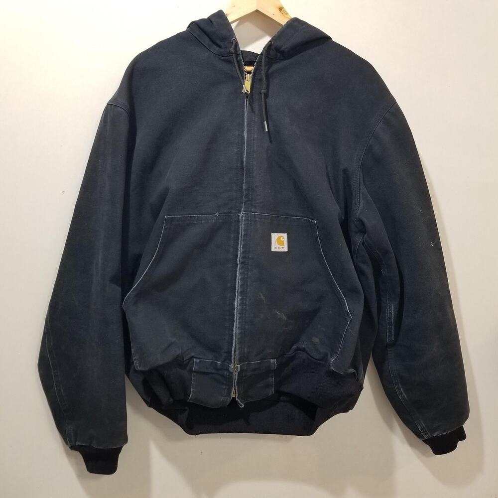 Carhartt Jacket Mens Large Black J131 Duck Active Hooded Full Zip Workwear